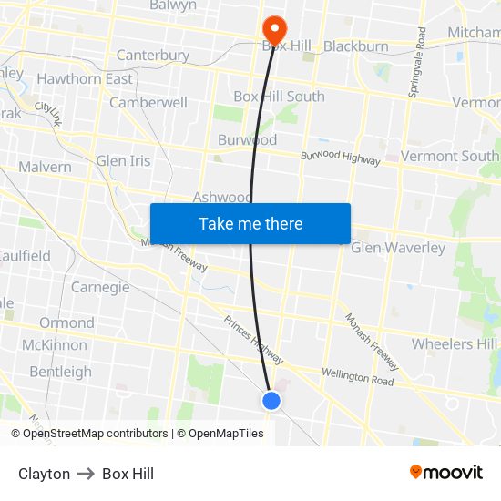 Clayton to Box Hill map