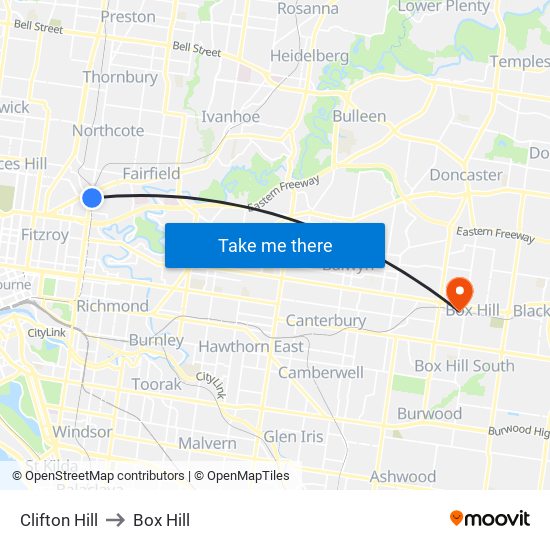 Clifton Hill to Box Hill map