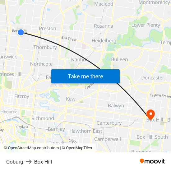 Coburg to Box Hill map