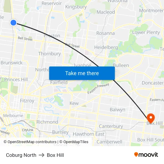 Coburg North to Box Hill map