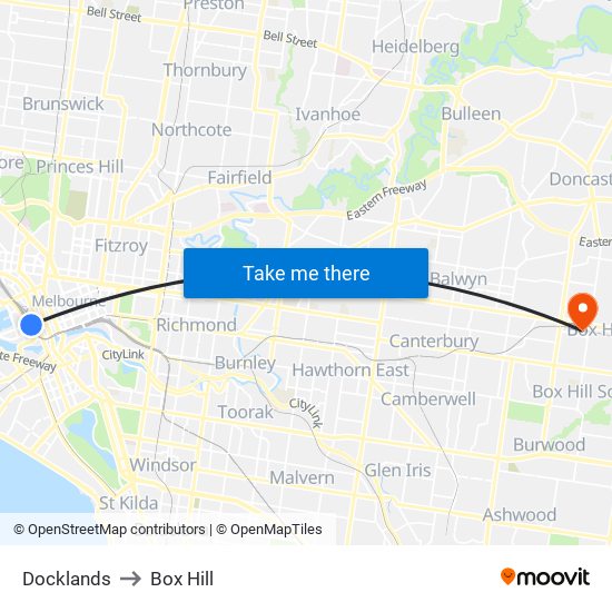 Docklands to Box Hill map