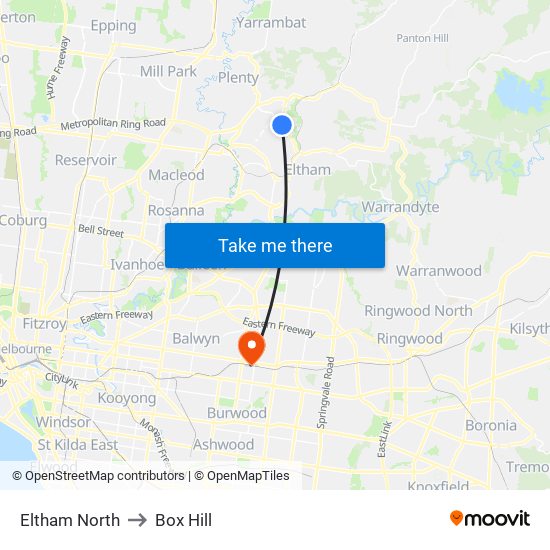 Eltham North to Box Hill map