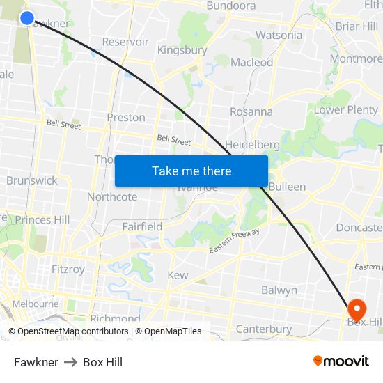 Fawkner to Box Hill map