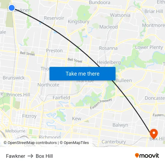 Fawkner to Box Hill map