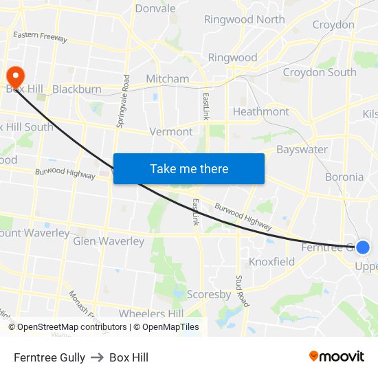 Ferntree Gully to Box Hill map