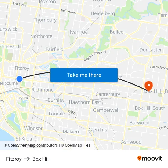 Fitzroy to Box Hill map