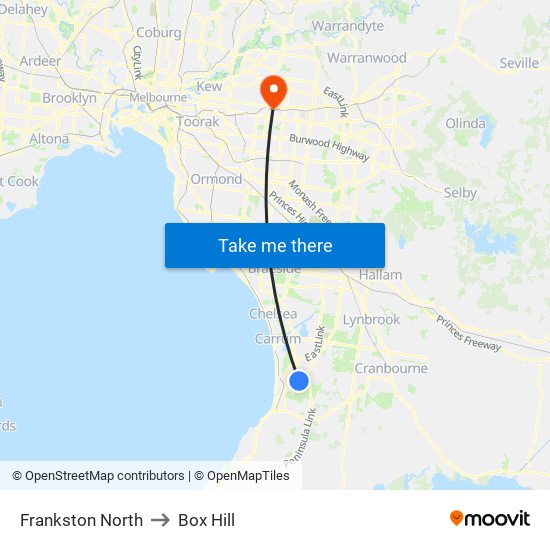 Frankston North to Box Hill map