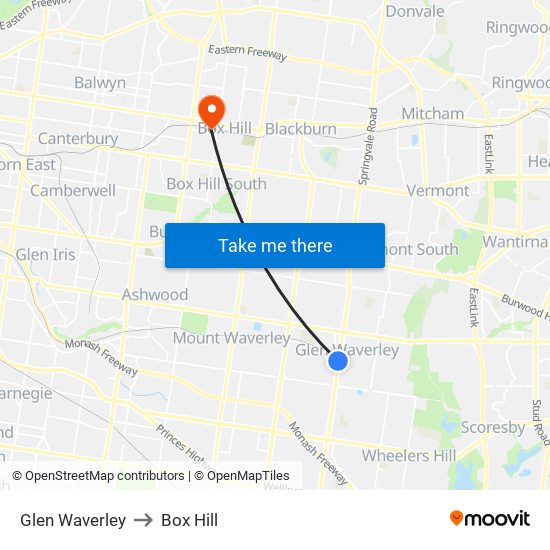 Glen Waverley to Box Hill map