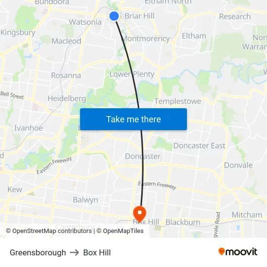 Greensborough to Box Hill map
