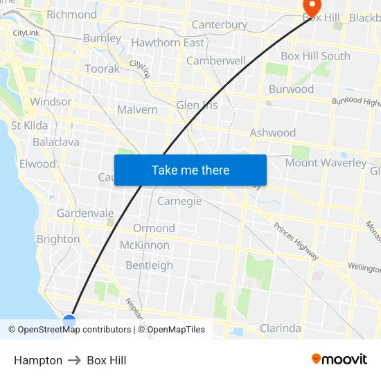 Hampton to Box Hill map