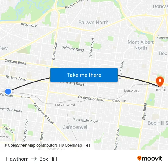 Hawthorn to Box Hill map