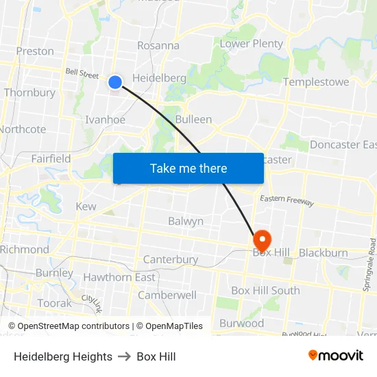 Heidelberg Heights to Box Hill map