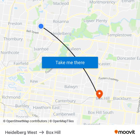 Heidelberg West to Box Hill map