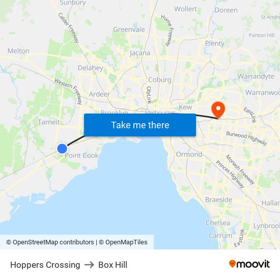 Hoppers Crossing to Box Hill map