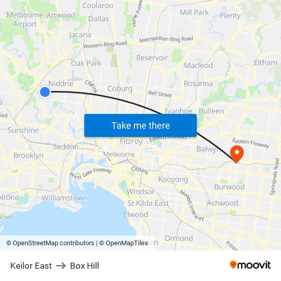 Keilor East to Box Hill map