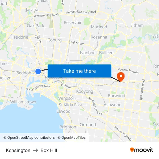 Kensington to Box Hill map