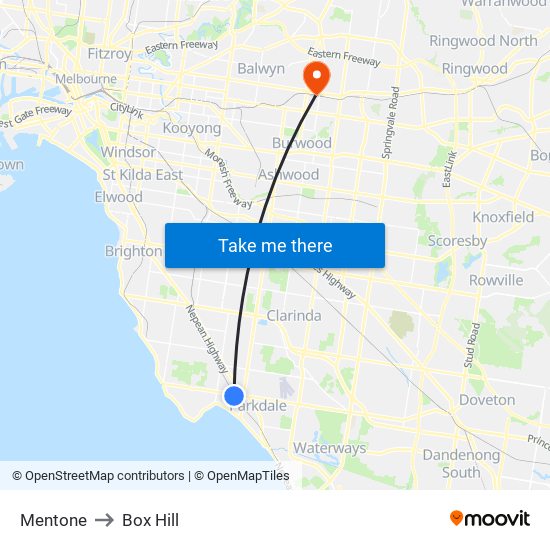 Mentone to Box Hill map