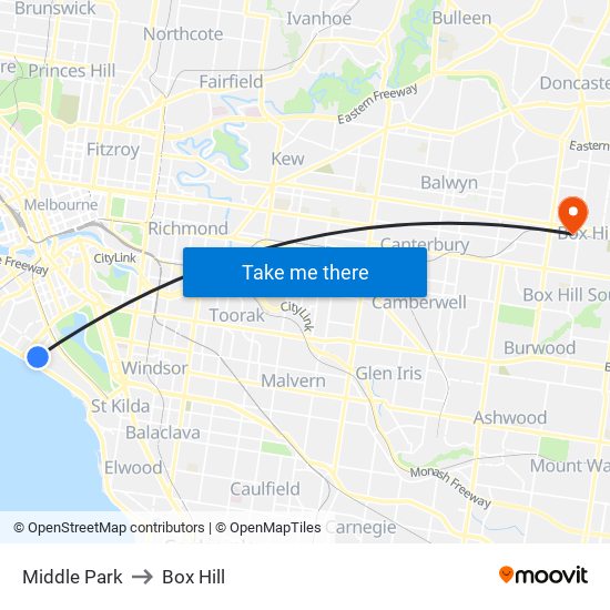 Middle Park to Box Hill map