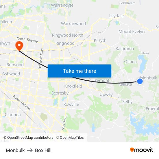 Monbulk to Box Hill map