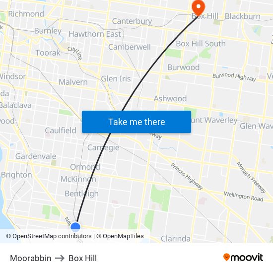 Moorabbin to Box Hill map