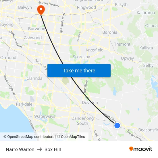 Narre Warren to Box Hill map