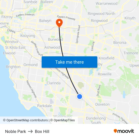 Noble Park to Box Hill map