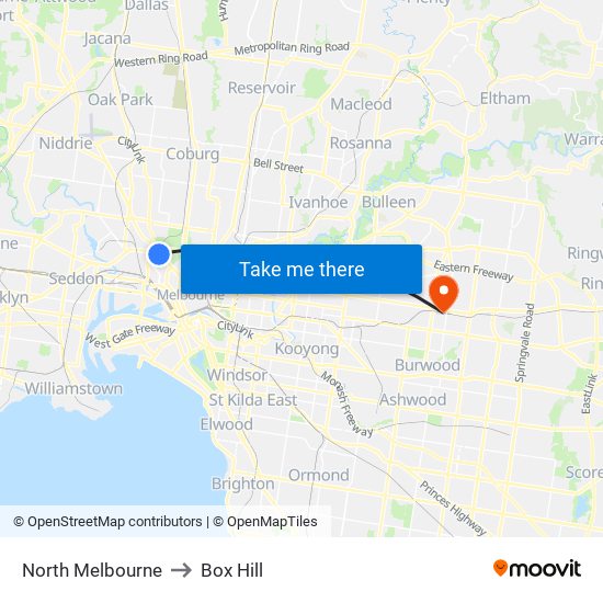 North Melbourne to Box Hill map