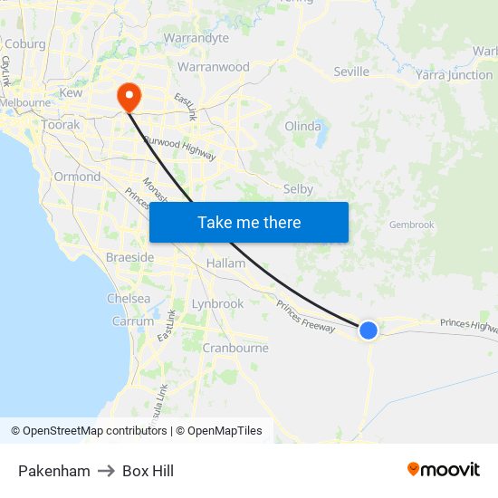 Pakenham to Box Hill map