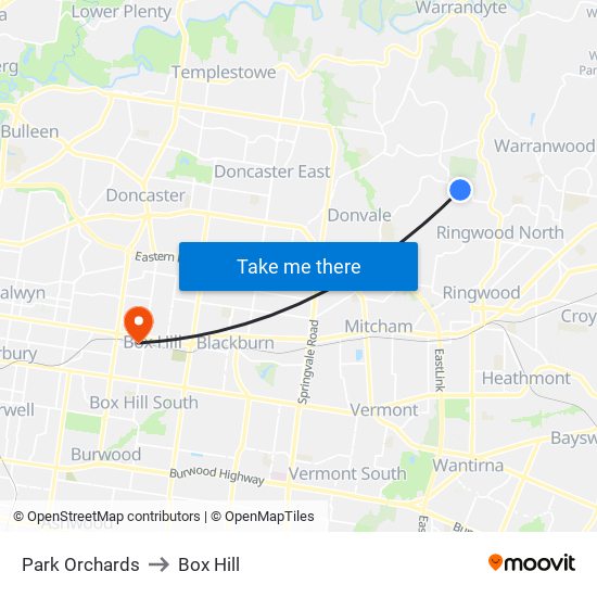 Park Orchards to Box Hill map