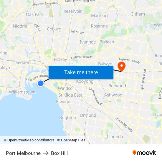 Port Melbourne to Box Hill map