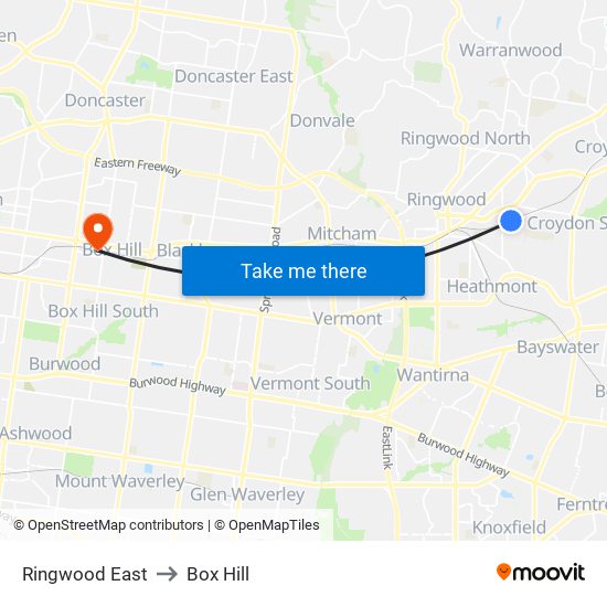 Ringwood East to Box Hill map