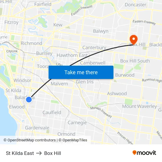 St Kilda East to Box Hill map