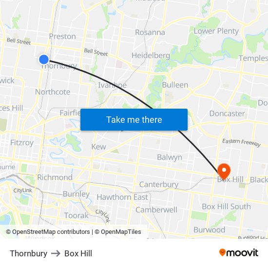 Thornbury to Box Hill map