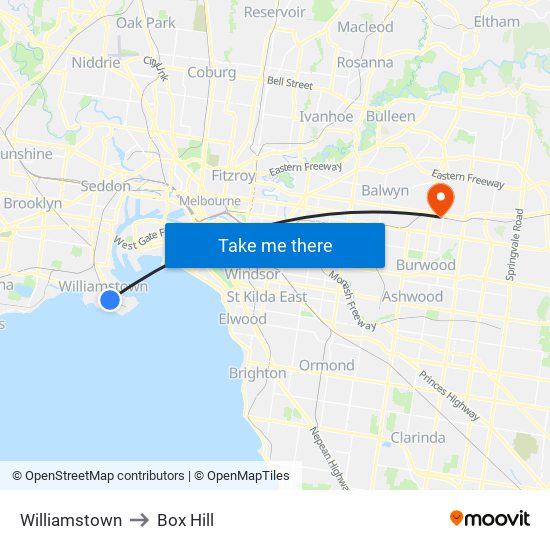 Williamstown to Box Hill map