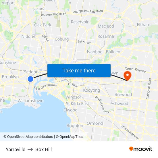 Yarraville to Box Hill map