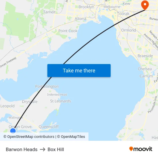 Barwon Heads to Box Hill map