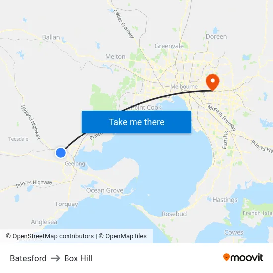 Batesford to Box Hill map