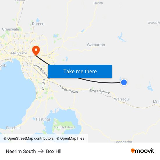 Neerim South to Box Hill map