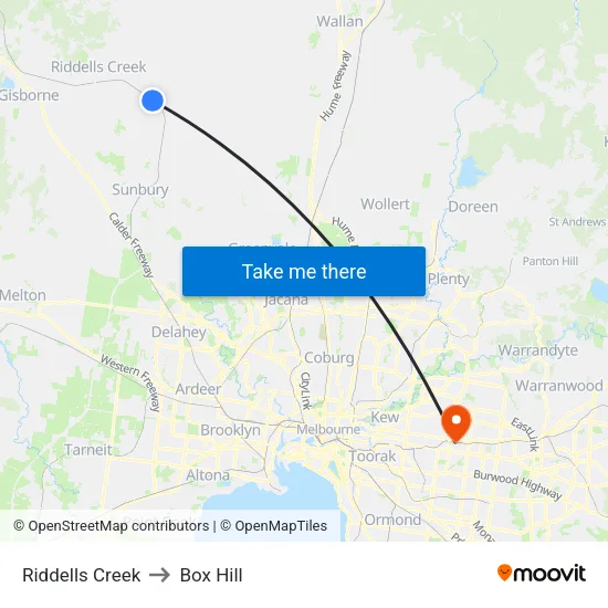 Riddells Creek to Box Hill map