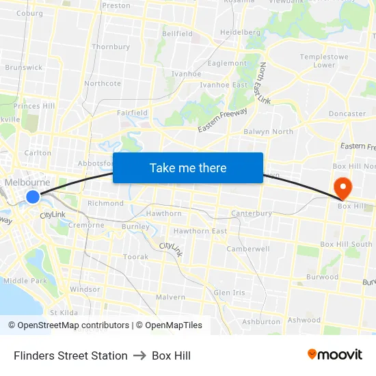 Flinders Street Station to Box Hill map