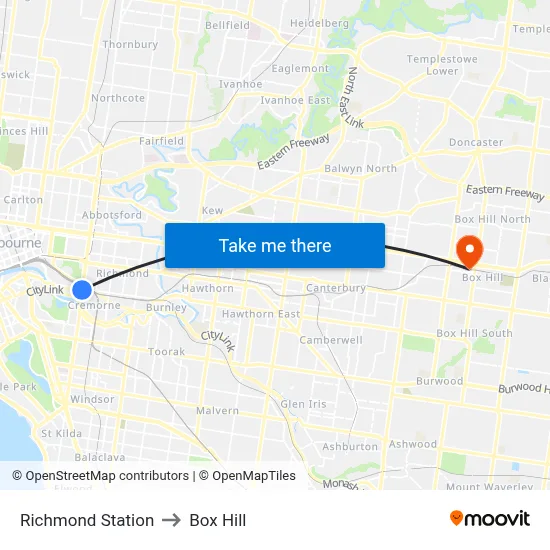 Richmond Station to Box Hill map