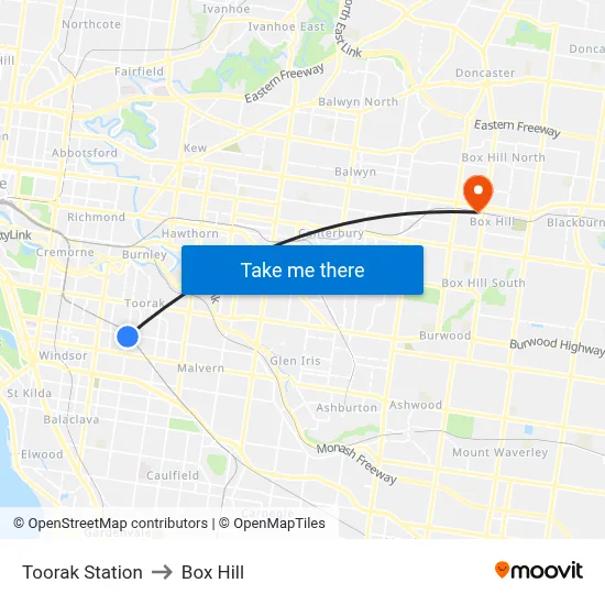 Toorak Station to Box Hill map