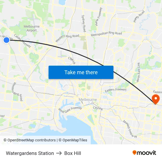 Watergardens Station to Box Hill map