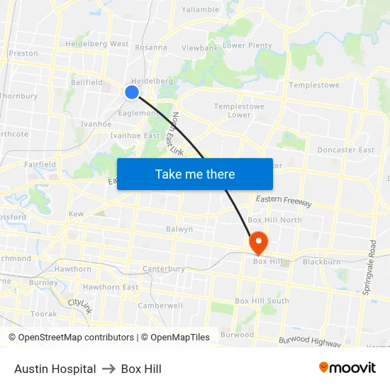 Austin Hospital to Box Hill map