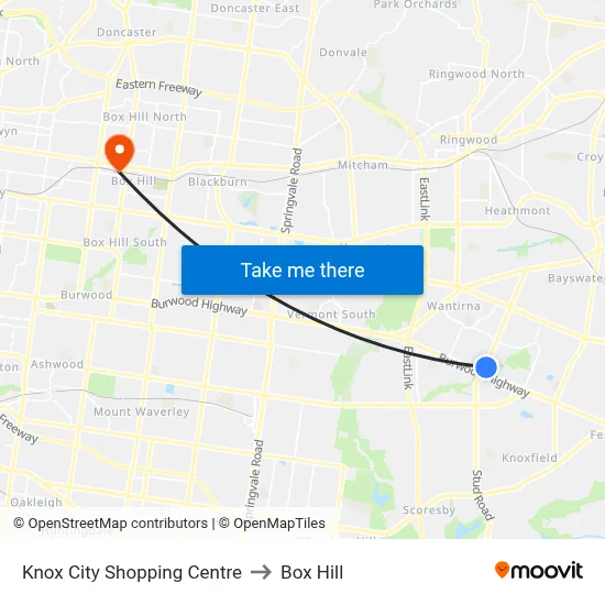 Knox City Shopping Centre to Box Hill map