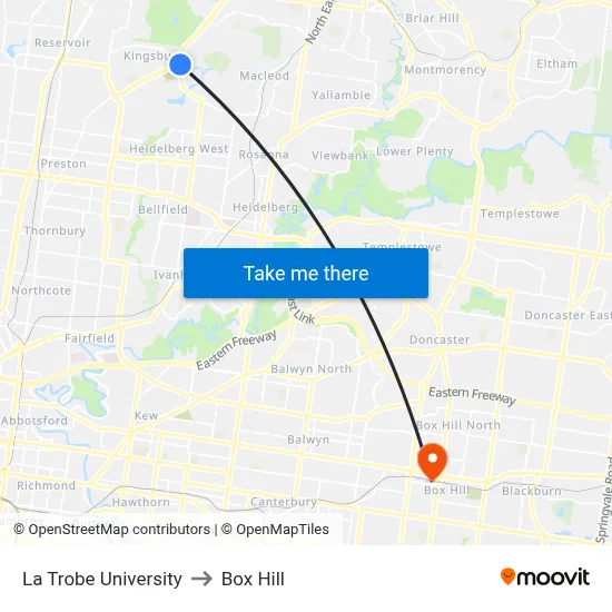 La Trobe University to Box Hill map
