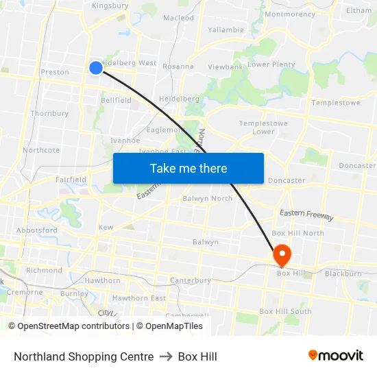 Northland Shopping Centre to Box Hill map