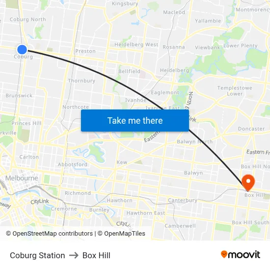 Coburg Station to Box Hill map