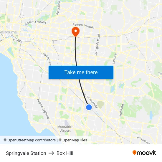 Springvale Station to Box Hill map