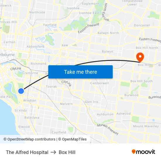 The Alfred Hospital to Box Hill map